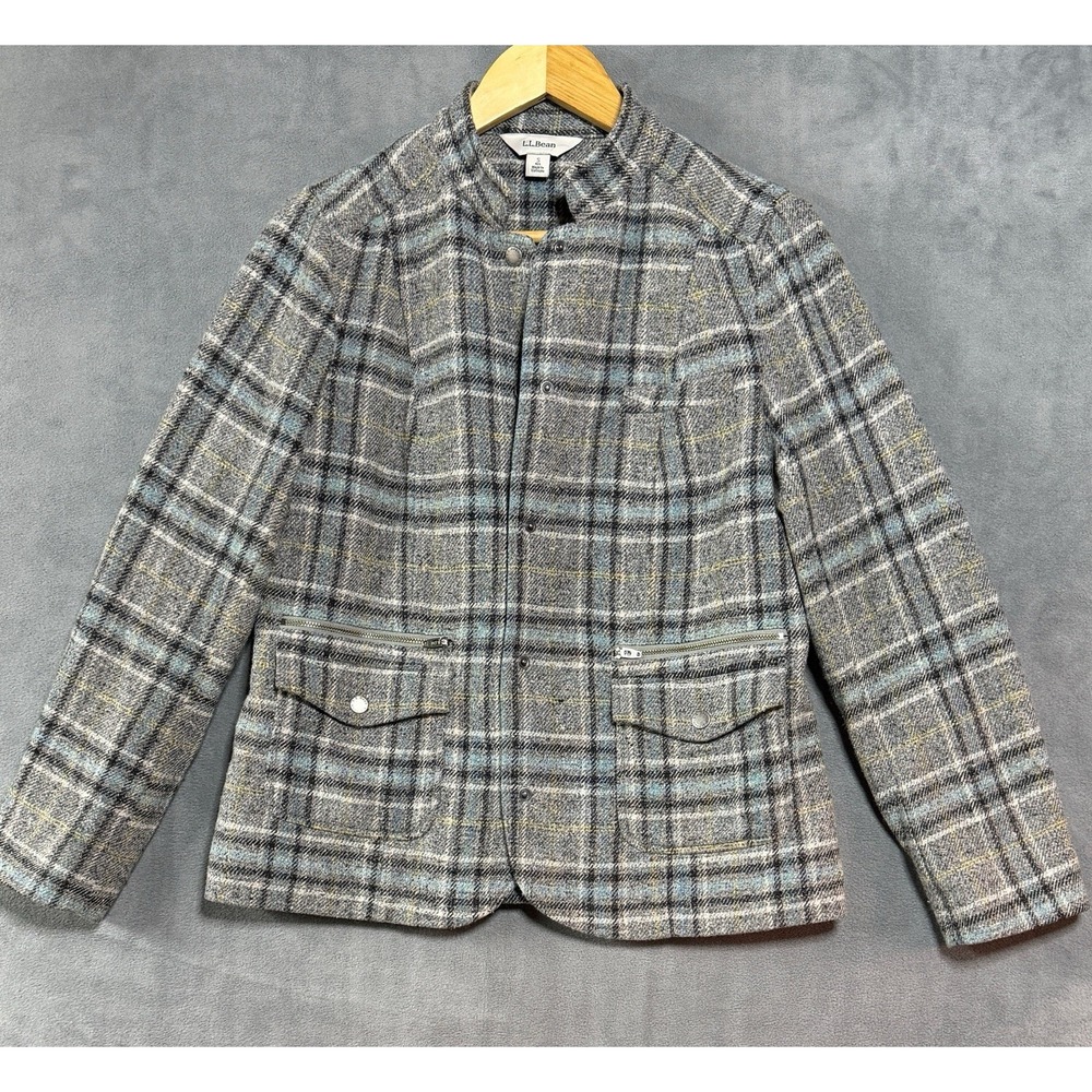 LL Bean Women's Stonington Grey Plaid Wool Blend Jacket Elbow Patches Silk Small